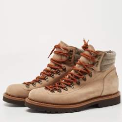 Brunello Cucinelli Brown/Grey Nubuck Leather and fabric Ankle Boots Size 45