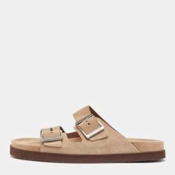 Brunello Cucinelli Beige Suede Flat Slides Size 41