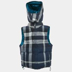 Pre Owned Burberry Brit Blue Nylon Quilted Zip-Up Hooded Reversible Jacket S