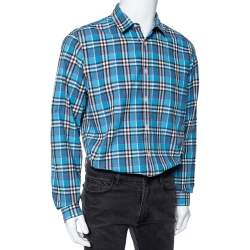 Pre Owned Burberry Brit Blue Checked Cotton Button Front Shirt L