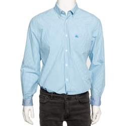Burberry Brit Blue Micro Checked Cotton Button Down Shirt L