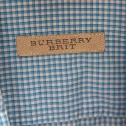 Burberry Brit Blue Micro Checked Cotton Button Down Shirt L