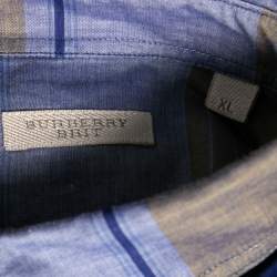 Burberry Brit Blue & Orange Checkered Cotton Button Front Shirt XL