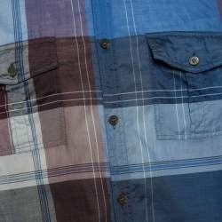 Pre Owned قميص بربري بريت قطن بوبلين كاروهات أزرق بأكمام طويلة مقاس كبير - لارج