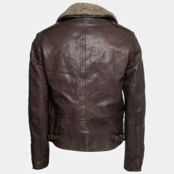 Burberry Brit Brown Leather Shearling Collar Biker Jacket L