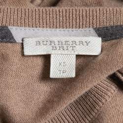 Pre Owned Burberry Brit Beige Knit Horseferry Check Shoulder Detail Crew Neck Sweatshirt XS