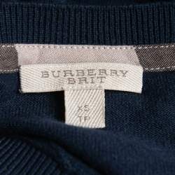 Pre Owned Burberry Brit Navy Blue Knit Horseferry Check Shoulder Detail Crew Neck Sweatshirt XS