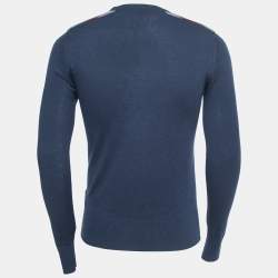 Pre Owned Burberry Brit Navy Blue Knit Horseferry Check Shoulder Detail Crew Neck Sweatshirt XS