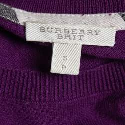 Pre Owned Burberry Brit Purple Knit Horseferry Check Shoulder Detail Crew Neck Sweatshirt S