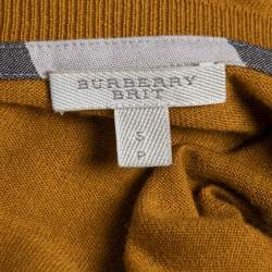 Pre Owned Burberry Brit Mustard Yellow Knit Horseferry Check Shoulder Detail Crew Neck Sweatshirt S