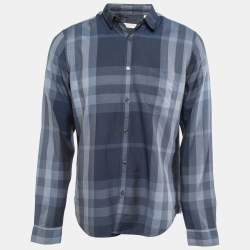 Burberry Brit Navy Blue Checkered Cotton Blend Button Front Shirt M