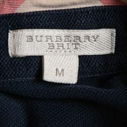 Pre Owned Burberry Brit Navy Blue Honeycomb Knit Novacheck Collar Detail Polo T-Shirt M