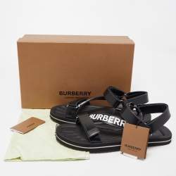 Pre Owned Burberry Black Leather Patterson Velcro Flat Sandals Size 43