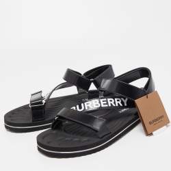 Pre Owned Burberry Black Leather Patterson Velcro Flat Sandals Size 43