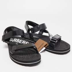 Pre Owned Burberry Black Leather Patterson Velcro Flat Sandals Size 43