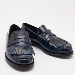 Pre Owned Burberry Navy Blue Leather Fringe Detail Penny Loafers Size 45