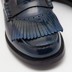 Pre Owned Burberry Navy Blue Leather Fringe Detail Penny Loafers Size 45