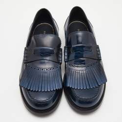 Pre Owned Burberry Navy Blue Leather Fringe Detail Penny Loafers Size 45