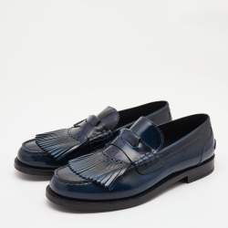 Pre Owned Burberry Navy Blue Leather Fringe Detail Penny Loafers Size 45