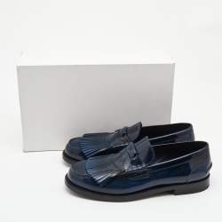 Pre Owned Burberry Navy Blue Leather Fringe Detail Penny Loafers Size 45