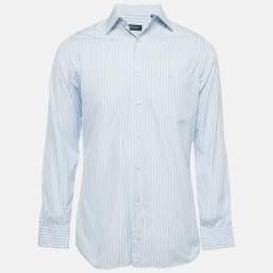 Pre Owned قميص بربري لندن قطن أبيض/أزرق مخطط فلورنسا مقاس متوسط