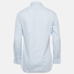 Pre Owned قميص بربري لندن قطن أبيض/أزرق مخطط فلورنسا مقاس متوسط