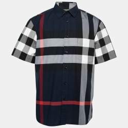 Burberry London Navy Blue Checked Cotton Button Front Short Sleeve Shirt XXL