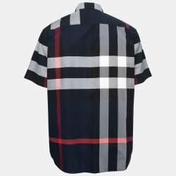 Burberry London Navy Blue Checked Cotton Button Front Short Sleeve Shirt XXL