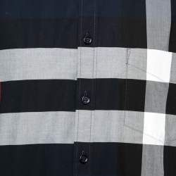 Burberry London Navy Blue Checked Cotton Button Front Short Sleeve Shirt XXL