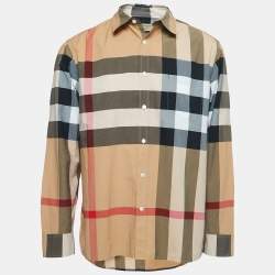 Burberry London Beige Plaid Cotton Button Front Full Sleeve Shirt XL