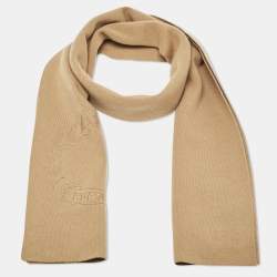 Burberry Brown Logo Embroidered Cashmere Knit Ghost Crest Scarf 
