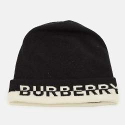 Pre Owned Burberry Black Logo Intarsia Cashmere Beanie