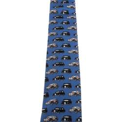 Pre Owned Burberry Hydrangea Blue Car Print Silk Stanfield Skinny Tie 