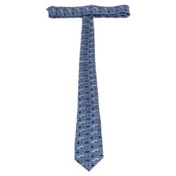 Pre Owned Burberry Hydrangea Blue Car Print Silk Stanfield Skinny Tie 