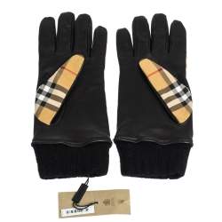 Pre Owned Burberry Beige Check Cashmere Lined Leather Trim Gloves 