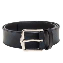 Pre Owned Burberry Navy Blue/Black Check Coated Canvas Joe Buckle Belt 90CM