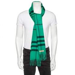 Burberry Green Checked Cashmere Fringed Muffler 