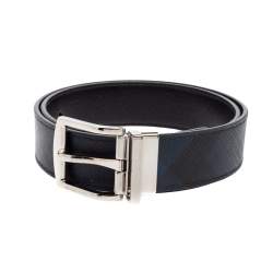 Pre Owned Burberry Black/Blue London Check Coated Canvas Clarke Reversible Belt 80CM