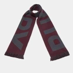 Pre Owned Burberry Maroon/Grey Logo Text Wool Football Scarf