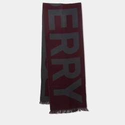 Pre Owned Burberry Maroon/Grey Logo Text Wool Football Scarf