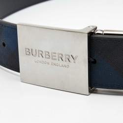 Pre Owned Burberry Navy Blue/Black London Check Coated Canvas Logo Plague Reversible Belt 85CM