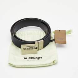 Pre Owned Burberry Navy Blue/Black London Check Coated Canvas Logo Plague Reversible Belt 85CM