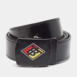 Burberry Black Coated Canvas and Leather Graphic Plaque Buckle Belt 90CM