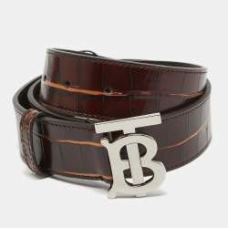 Burberry Dark Brown Croc Embossed Leather TB Buckle Belt 80CM Burberry TLC