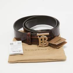 Burberry Dark Brown Croc Embossed Leather TB Buckle Belt 80CM