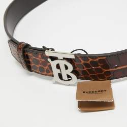 Burberry Dark Brown Croc Embossed Leather TB Buckle Belt 80CM