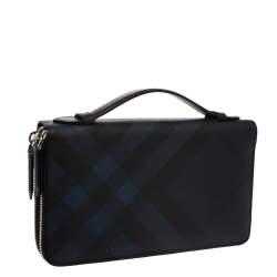 Pre Owned Burberry Navy Blue Coated Canvas Reeves Double Zip Wallet