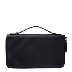 Pre Owned Burberry Navy Blue Coated Canvas Reeves Double Zip Wallet