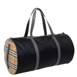 Burberry Black/Beige Nylon Large Kennedy Duffle Bag