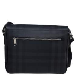 Pre Owned Burberry Dark Charcoal Beat Check PVC and Leather Messenger Bag